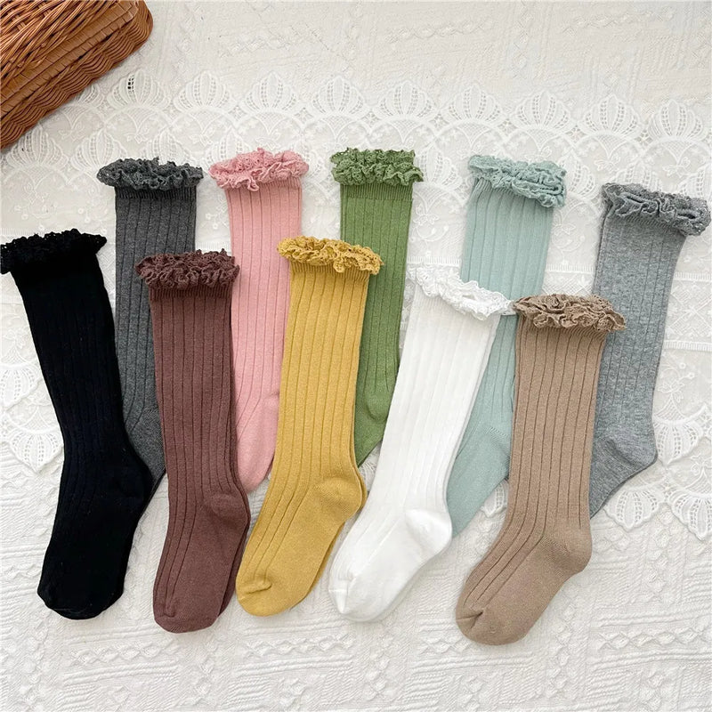 Ruffle Kids Knee High Socks Baby Girls Toddlers Long Soft Cotton Sock Lace Flower Children School Uniform Socks For 0-8 Years MamabBabyLand