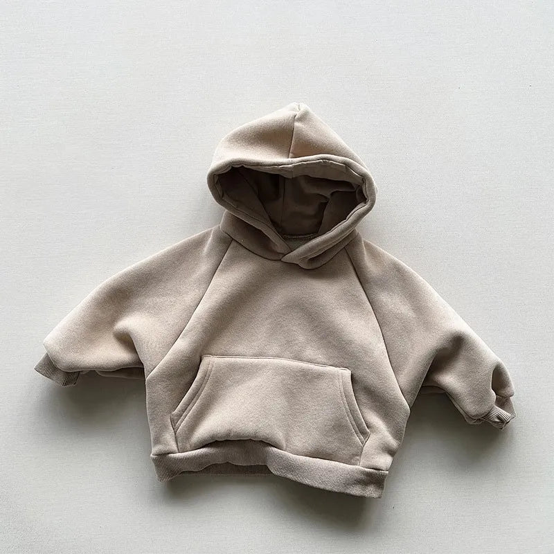 2023 Winter Fleece Solid Hoodies Baby Boys Casual Loose Pocket All-match Hooded Top Girls Simple Thick Pullover Cotton Clothes MamabBabyLand